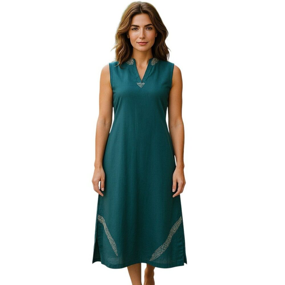 Kiko Dress Women's   Size M  Blue Maxi 100% Linen V-Neck  Brand New Y2K # 52